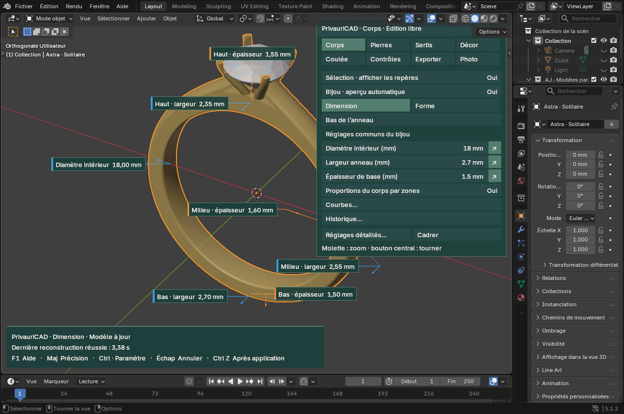 Capture de Blender : flèches de dimension et champs de saisie autour d’un solitaire PrivauriCAD